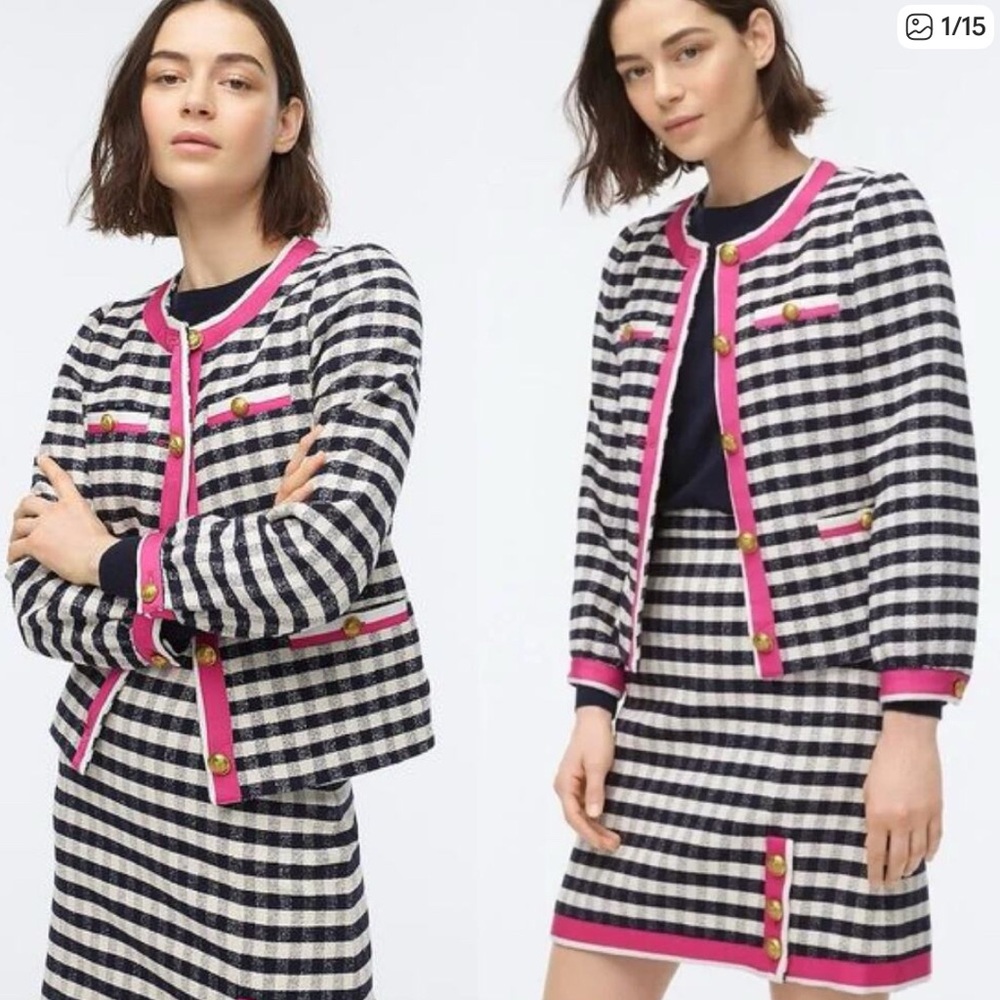 J. Crew Matching Set Gingham Tweed Lined Jacket and Skirt with Pink Trim, Size 6